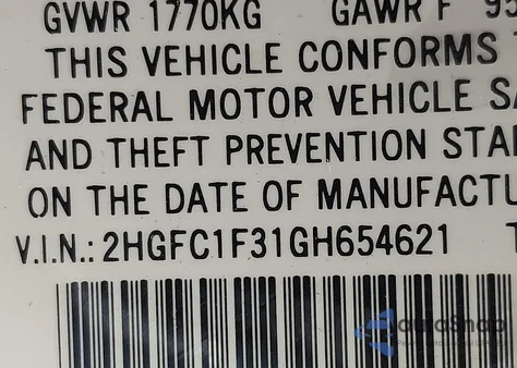 2016 Honda Civic Ex-T from USA, damaged, VIN 2HGFC1F31GH654621